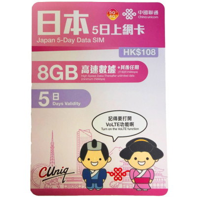 中國聯通 - 5G日本5日8GB+其後任用數據上網卡