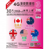 3HK 英美加澳纽 30天(20GBFUP) 4G LTE 极速无限数据上网卡|即插即用|无须登记|DATA SIM - 最后启用日期 31/12/2025