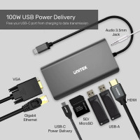 UNITEK D1019A uHUB O8+ 8-in-1 USB-C Ethernet Hub with Dual Monitor, 100W Power Delivery and Card Reader