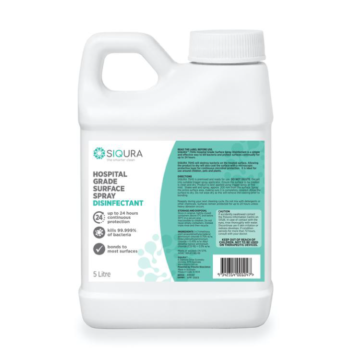 SIQURA Hospital Grade Surface Disinfectant & Protectant destroys bacteria and locks onto surfaces to provide 24hrs of active defense on high touch surfaces and up to 30 days on low touch areas. 